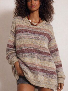 Free People Oversized Knit Crewneck Sweater Multi Color Small